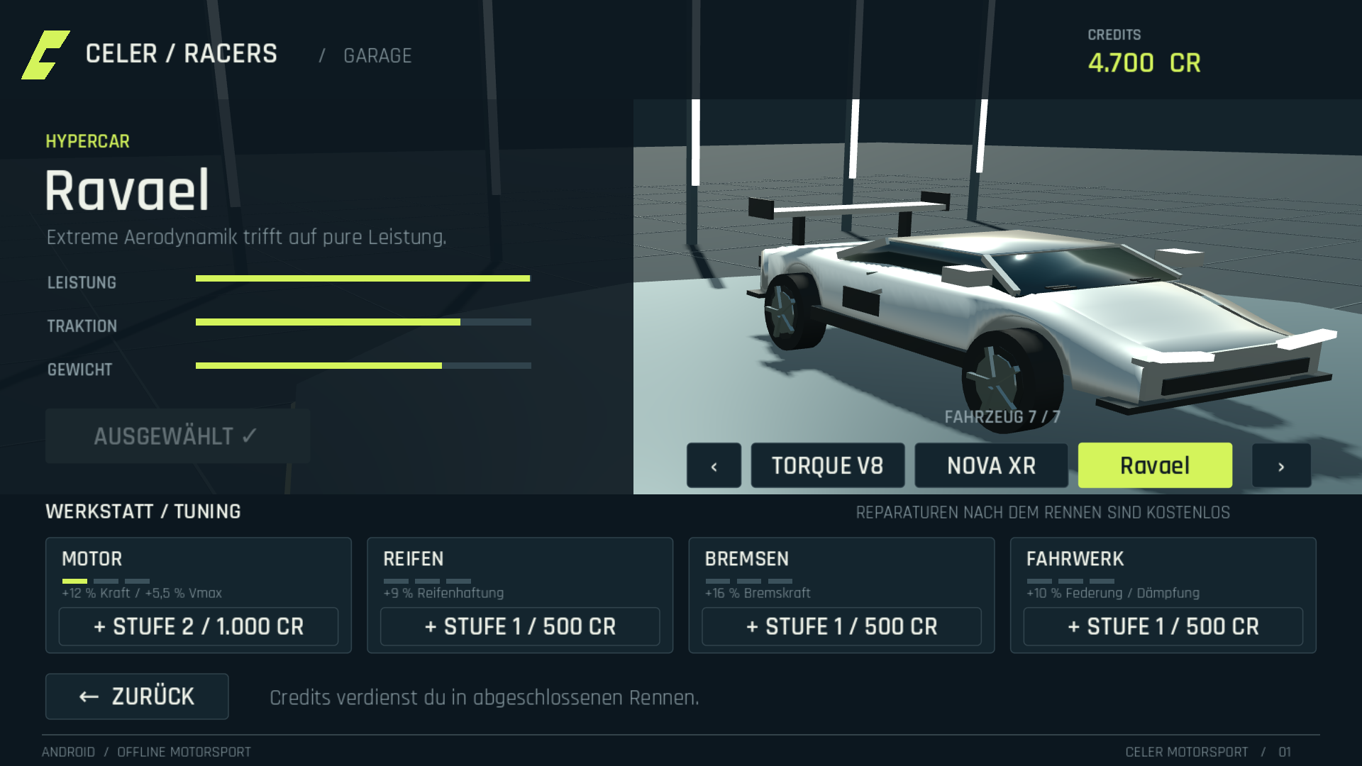 Garage von Celer Racers mit dem Fahrzeug Ravael und Tuning-Anzeigen.