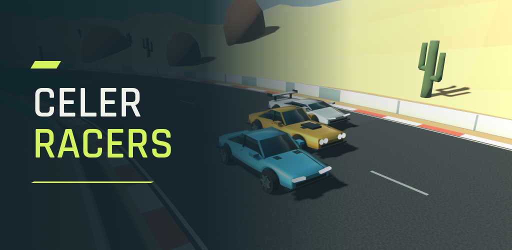 Feature-Grafik von Celer Racers mit drei Rennwagen auf einer Strecke.