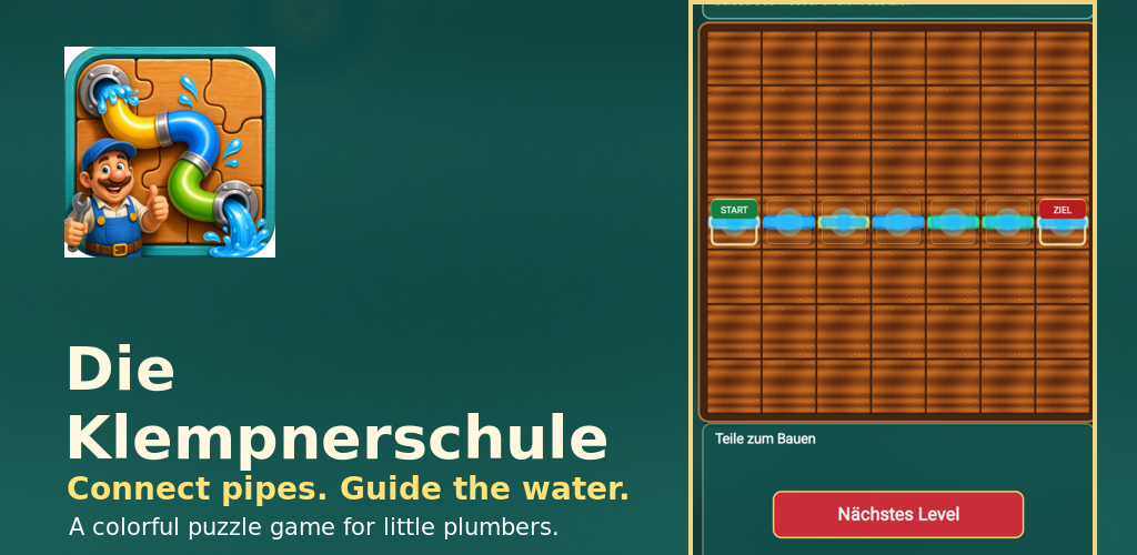 Feature-Grafik von Die Klempnerschule mit bunten Rohren und Wasser.