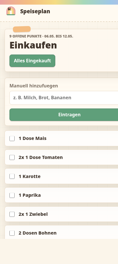 Mobile Einkaufsliste des Speiseplan-Projekts.