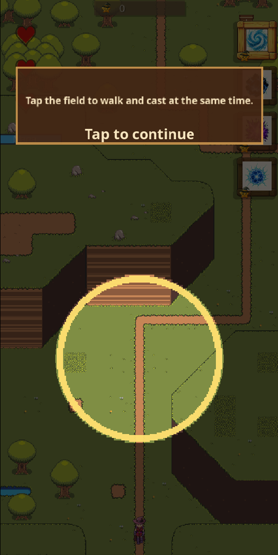 Tutorial-Screenshot von Spellhex Trail mit Zauberradius und Touch-Steuerung.
